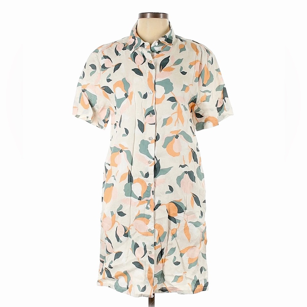 Rachel Zoe 100% Linen Floral Print Button-Up Collared Shirt Dress | Size Medium